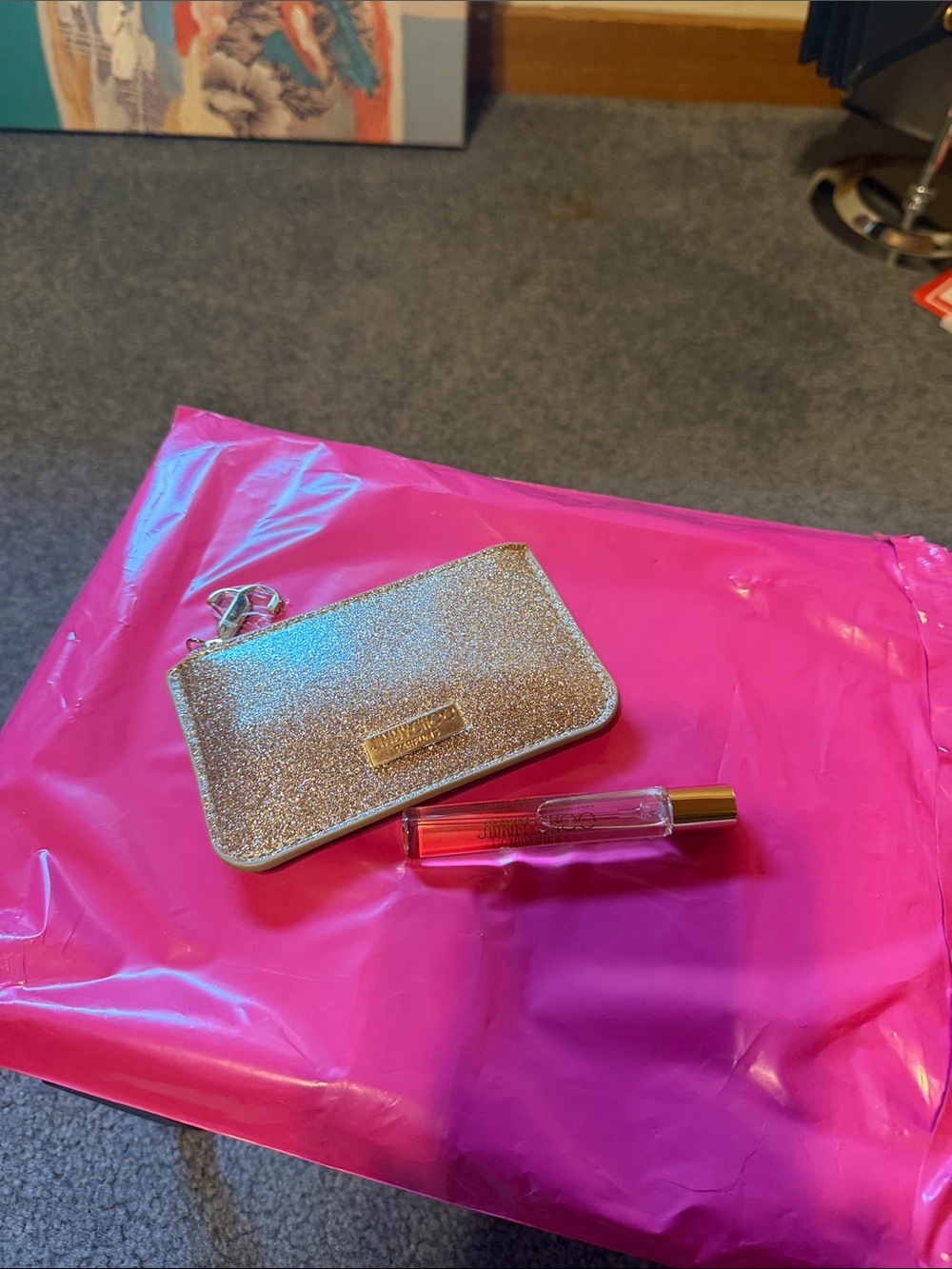 Jimmy Choo Glitter Card Holder in Metallic Pink-Silver